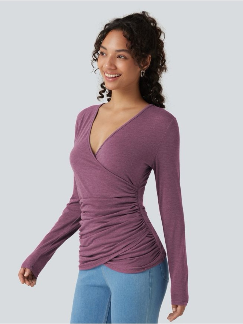 Halara NWT V-Neck Long Sleeve Ruched Casual Top in Red Violet Floral Yarn Size M